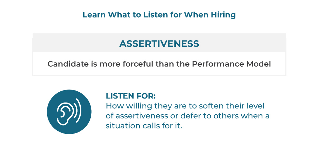 Learn What to Listen for When Hiring. Assertiveness: Candidate is more forceful than the Performance Model. Listen For: How willing they are to soften their level of assertiveness or defer to others when a situation calls for it.