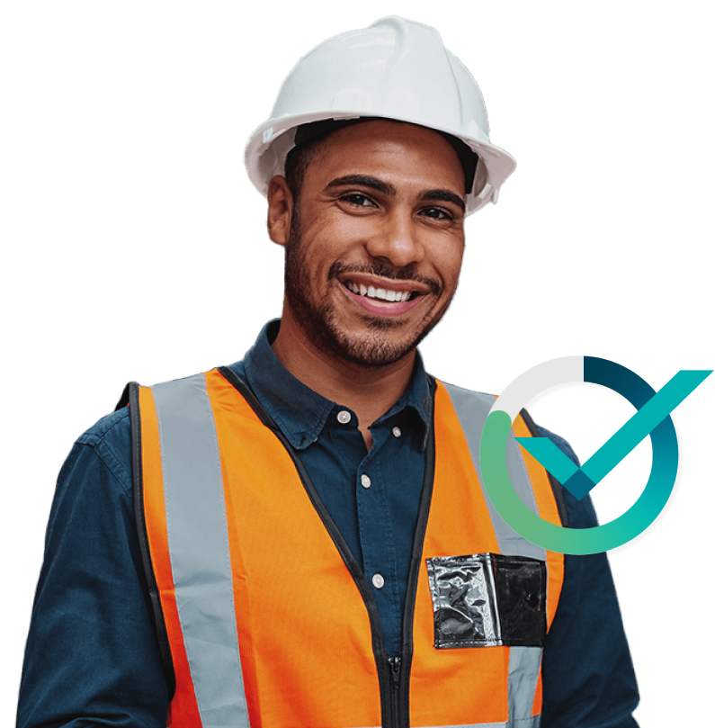 Close up of a smiling male wearing a hard hat and an orange safety vest with a PXT Select checkmark logo