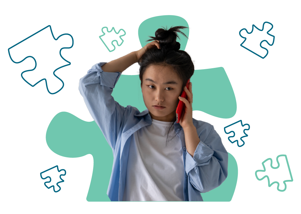 Woman talking on the phone with a frustrated expression. Broken puzzle piece illustrations are behind her.