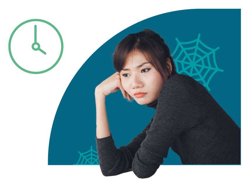 Close-up of a woman looking bored while resting her head on her hand. Cobwebs and a clock illustration are behind her.