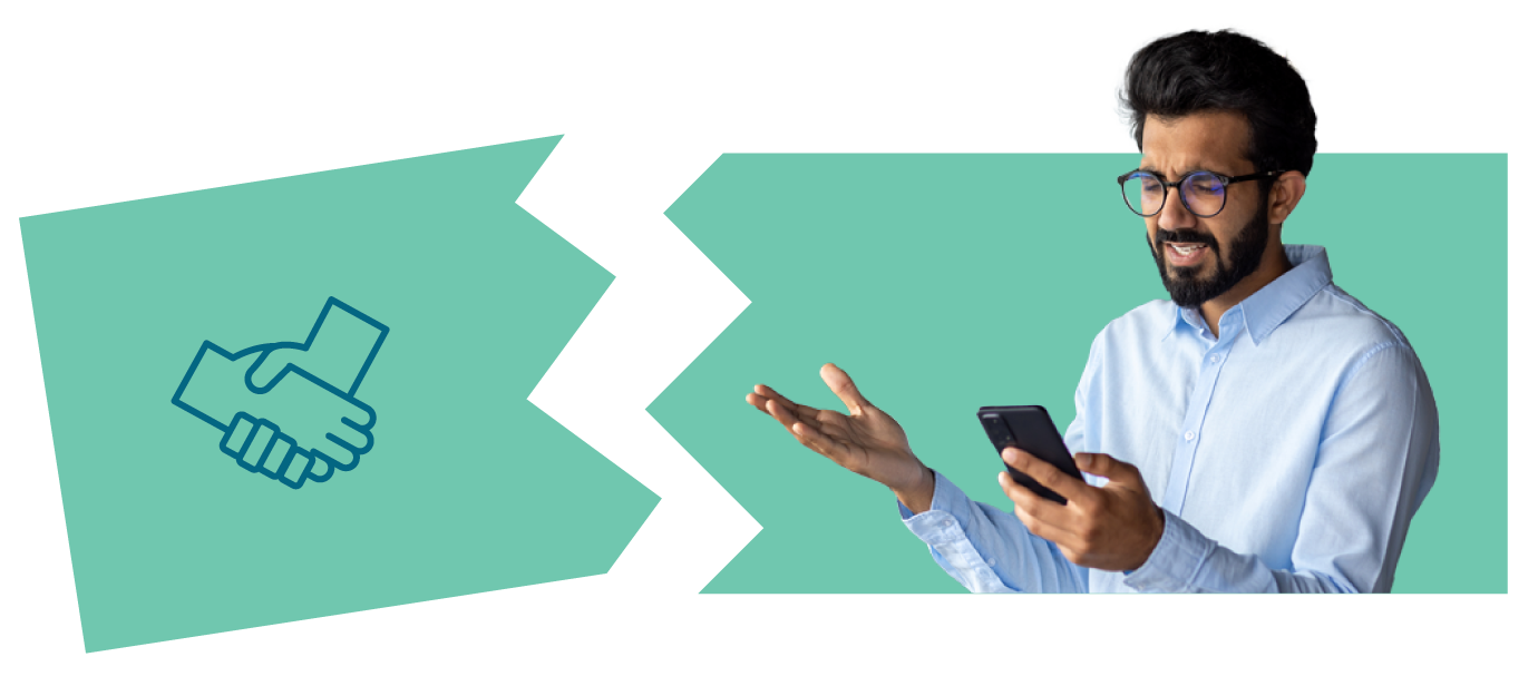 Man holding a phone with a frustrated expression. A shaking hands illustration is broken from the image representing unkept promises in the workplace.