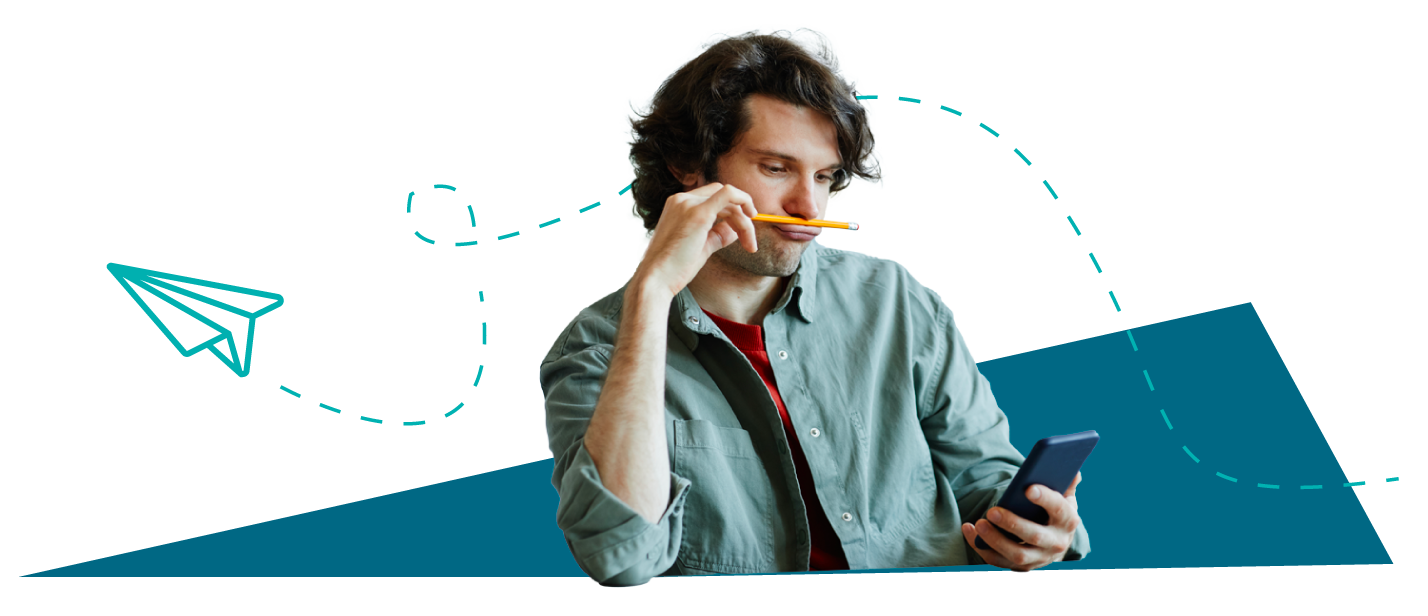 Man looking at his phone while balancing a pencil on his mouth. A paper plane illustration is flying behind the man.