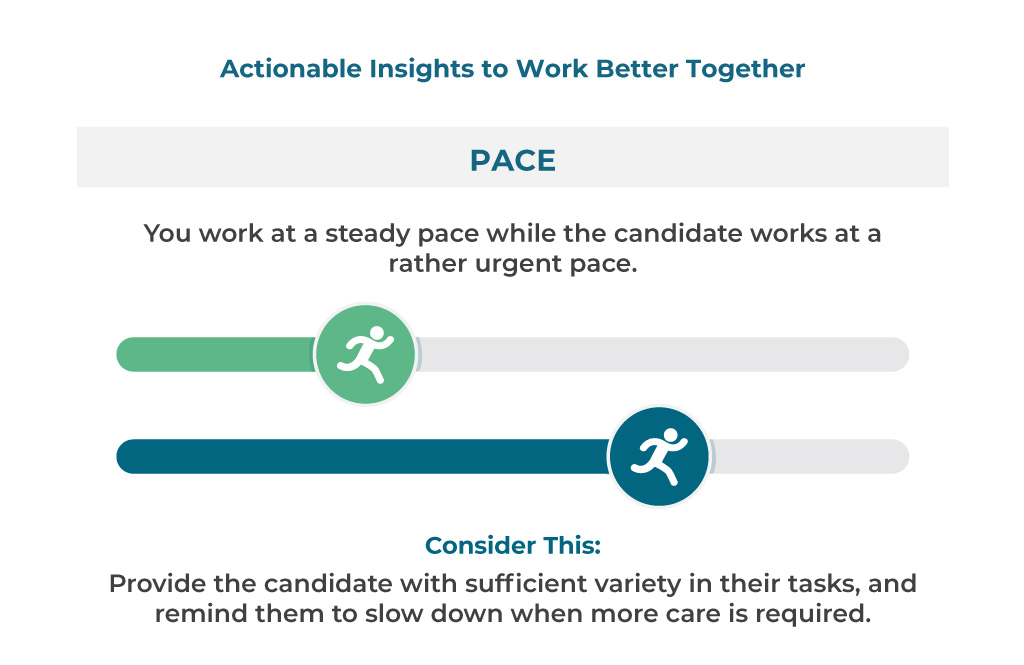 Actionable Insights to Work Better Together. Pace scales with this description: You work at a steady pace while the candidate works at a rather urgent pace. Consider This: Provide the candidate with sufficient variety in their tasks, and remind them to slow down when more care is required.