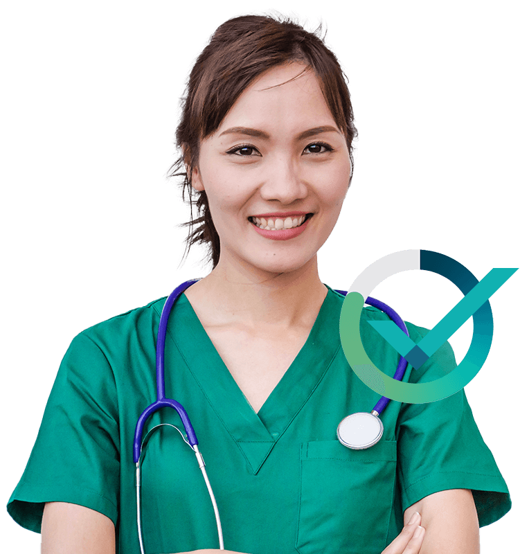 Close up of a smiling female nurse with a PXT Select checkmark logo