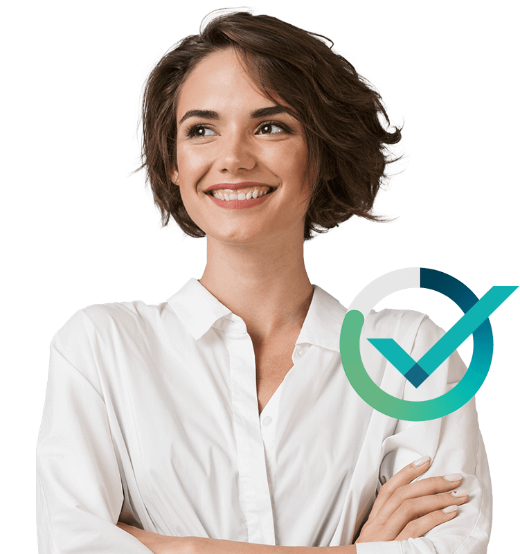 Close up of a smiling woman with a PXT Select check mark logo
