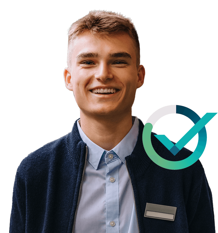 Close up of a smiling man with a PXT Select checkmark logo