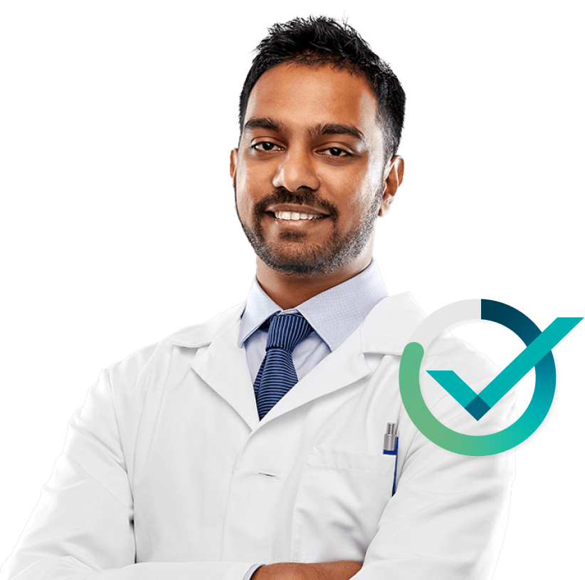 Close up of a smiling male wearing a lab coat with a PXT Select checkmark logo