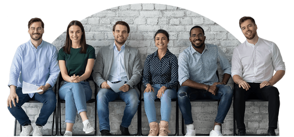 Group of smiling people sitting in a line of chairs