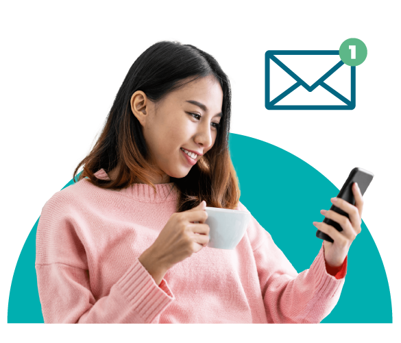 Smiling female looking at her phone with an email notification illustration
